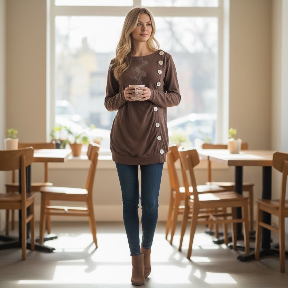 Bepei Brown‎ Ribbed Asymmetrical Button Front Long Sleeve Top XXL NEW Minimalist